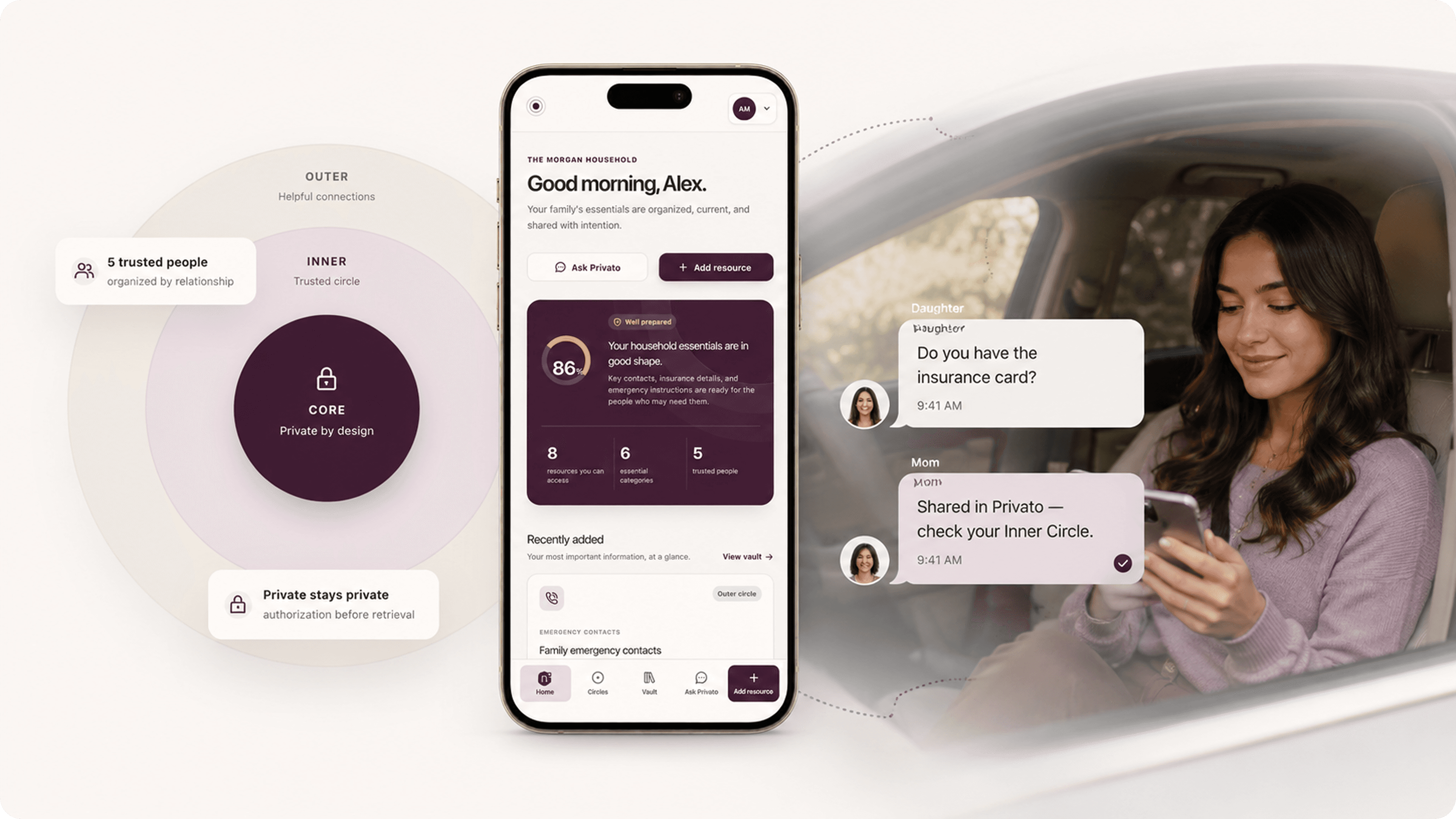 Privato organizing trusted circles and sharing a family insurance card when it is needed